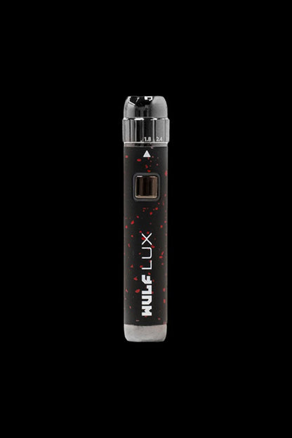 Black and silver cannabis vaporizer pen with red accents, labeled "Wulf Lux."