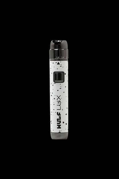 White and black cannabis vape pen with a clear cartridge displaying fill lines.