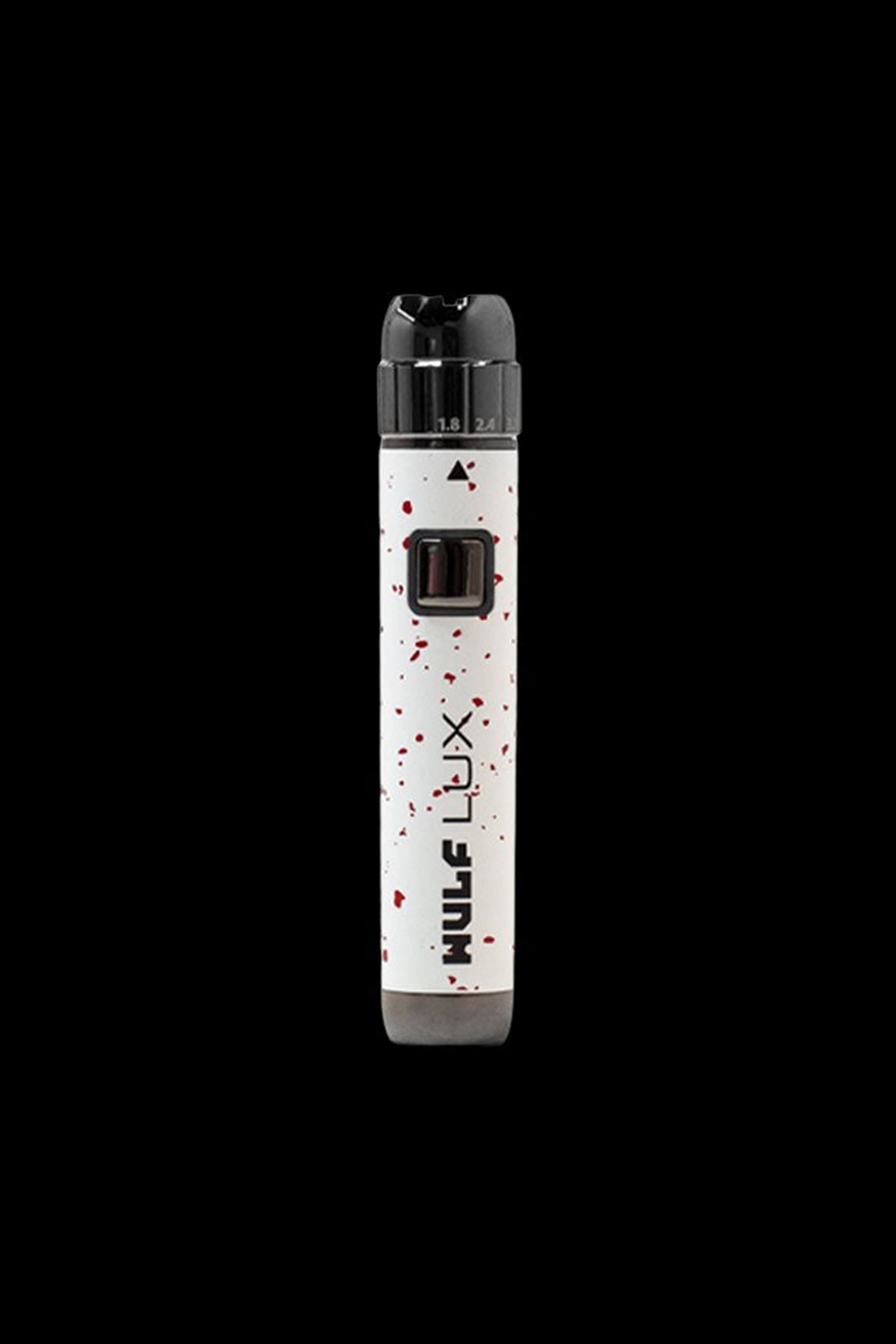 Silver and red cannabis vape pen with “WULF LUX” branding against a black background.