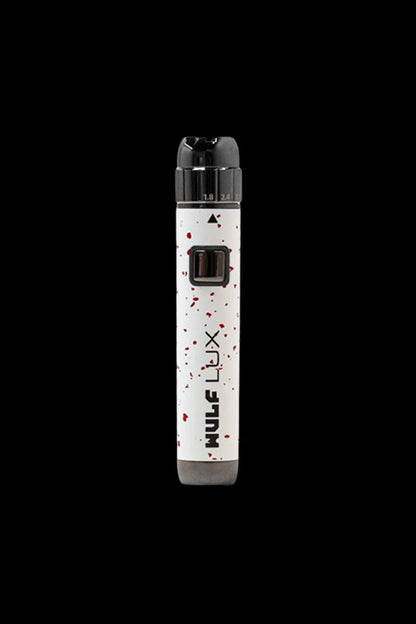 Silver and red cannabis vape pen with “WULF LUX” branding against a black background.
