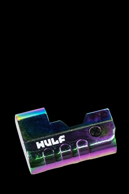 Iridescent metal grinder with "HULF" text, isolated on a black background.
