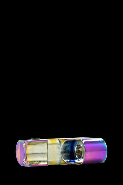 Iridescent cannabis oil vape cartridge against a black background.