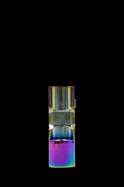 Iridescent cannabis oil cartridge against a black background.