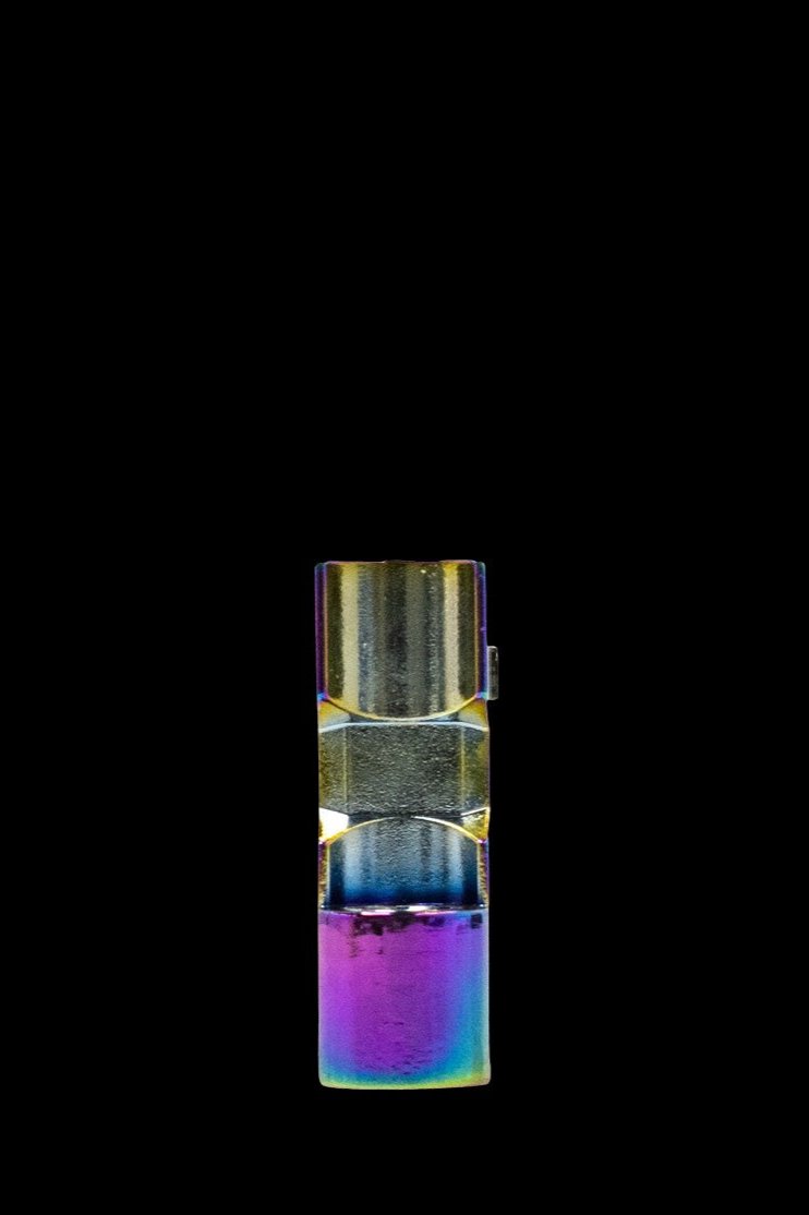 Iridescent cannabis oil cartridge against a black background.