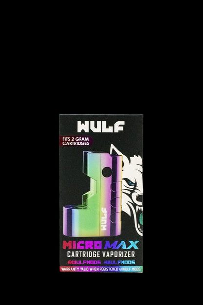 Black box for “HULF MicroMax” cannabis cartridge vaporizer, featuring a colorful device illustration and wolf graphic.