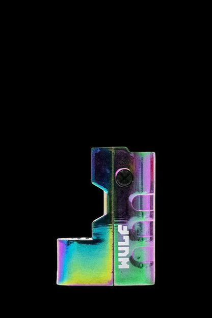 Iridescent glass cannabis pipe against a black background.