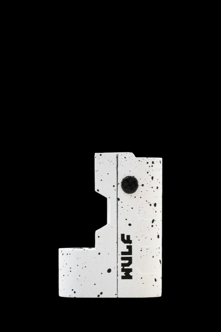 White textured cannabis lighter with black “WULF” lettering.