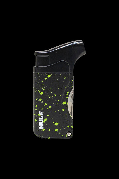 Black torch lighter with green splatter design, branded "HULLE."