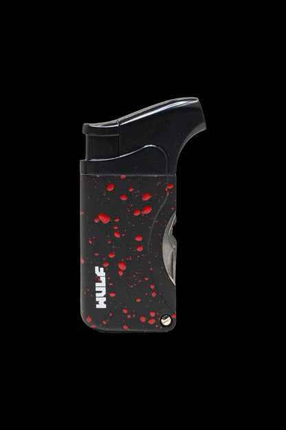 Black torch lighter with red splatter design, branded “WUFE.”