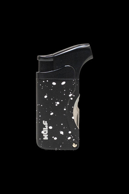 Black torch lighter with white splatter design, likely used for cannabis concentrates.