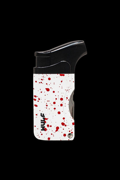 White and red splatter-pattern torch lighter for dabbing cannabis.
