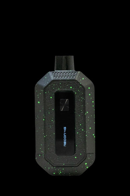 Black and green cannabis vaporizer device with a digital display.