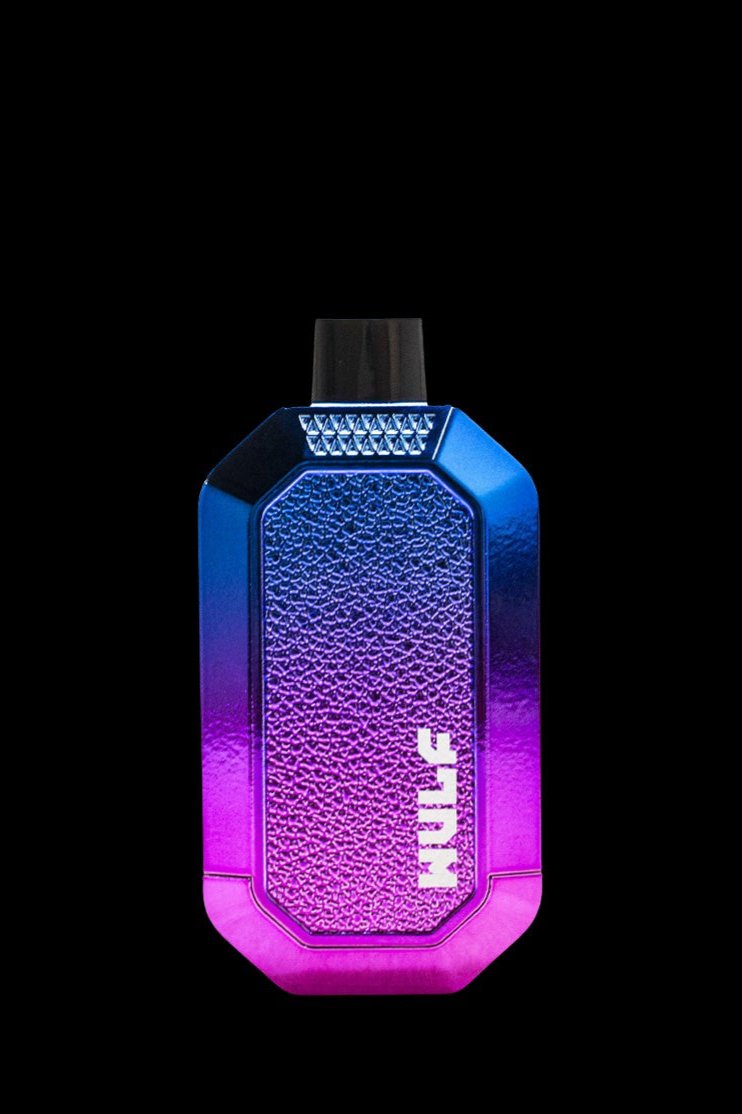 Purple and blue cannabis vape pen with textured grip and visible cartridge.