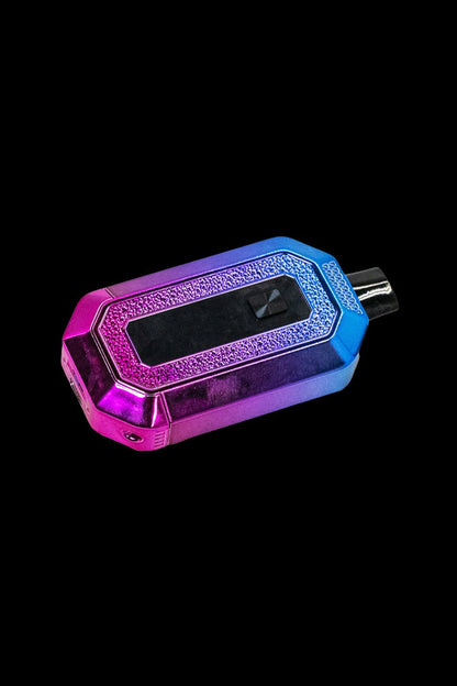 Iridescent cannabis vape pen on black background.