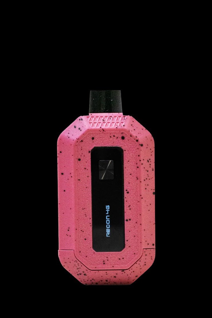 Pink cannabis vaporizer pen with textured grip and digital display.