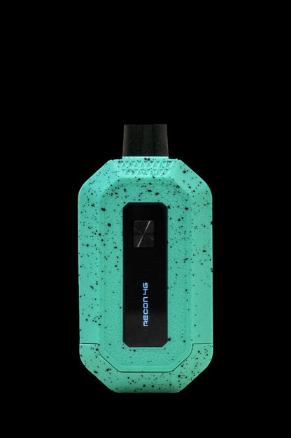 Teal cannabis vaporizer pen with textured grip and digital display.