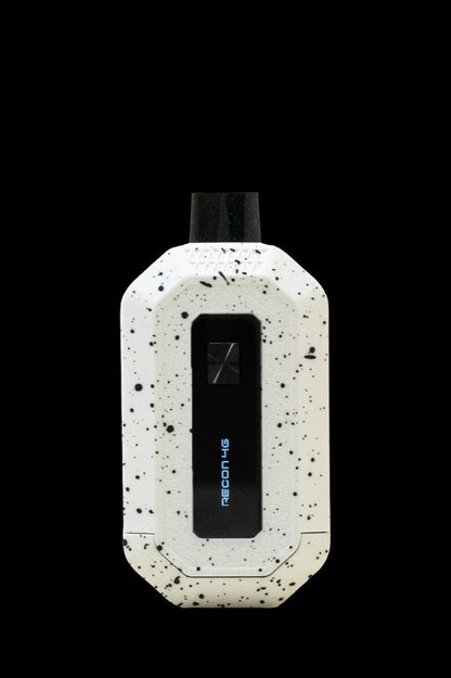 White and black speckled cannabis vaporizer pen with a digital display.