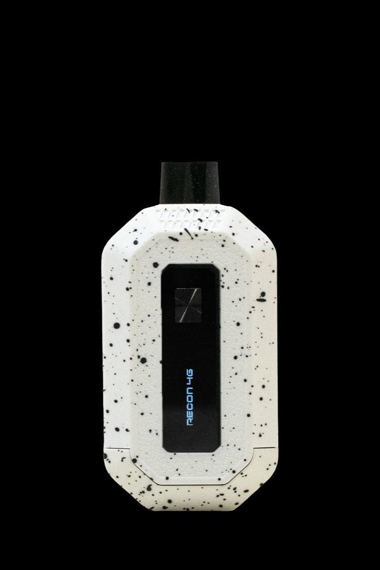 White and black speckled cannabis vaporizer pen with a digital display.