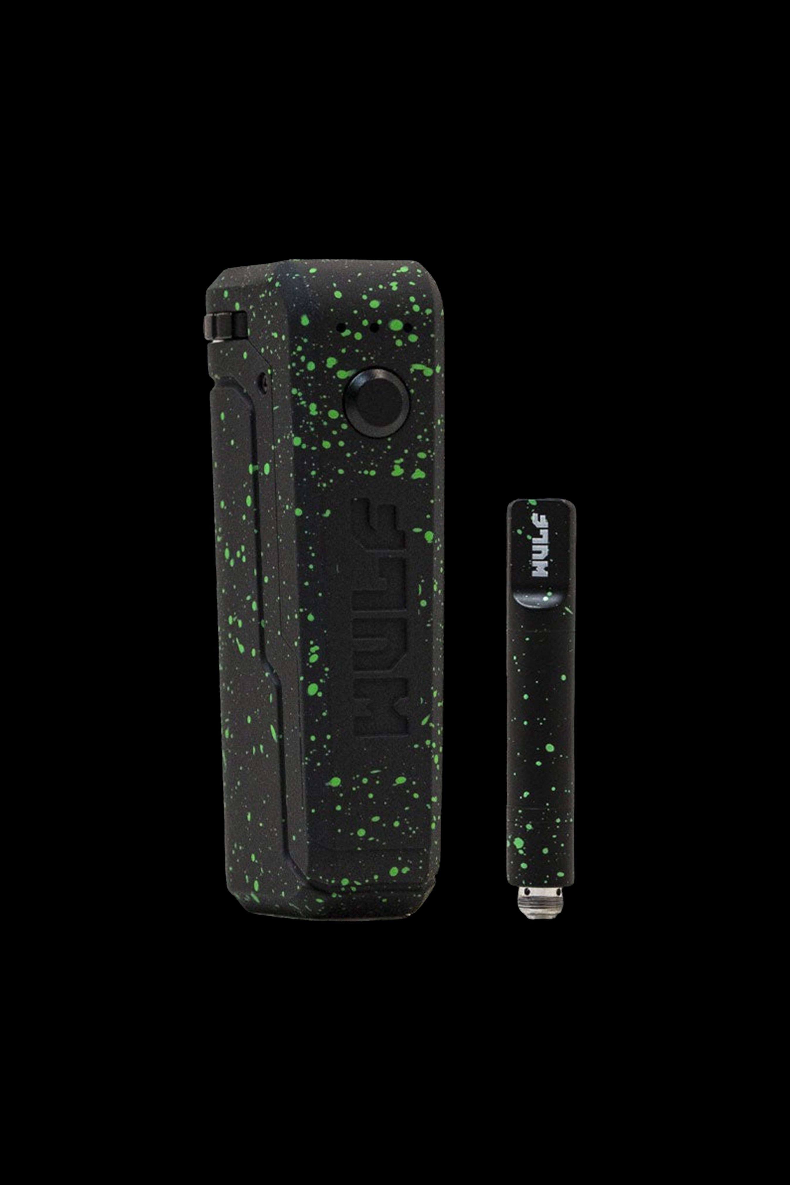Black and green speckled cannabis oil vape pen and charging base.