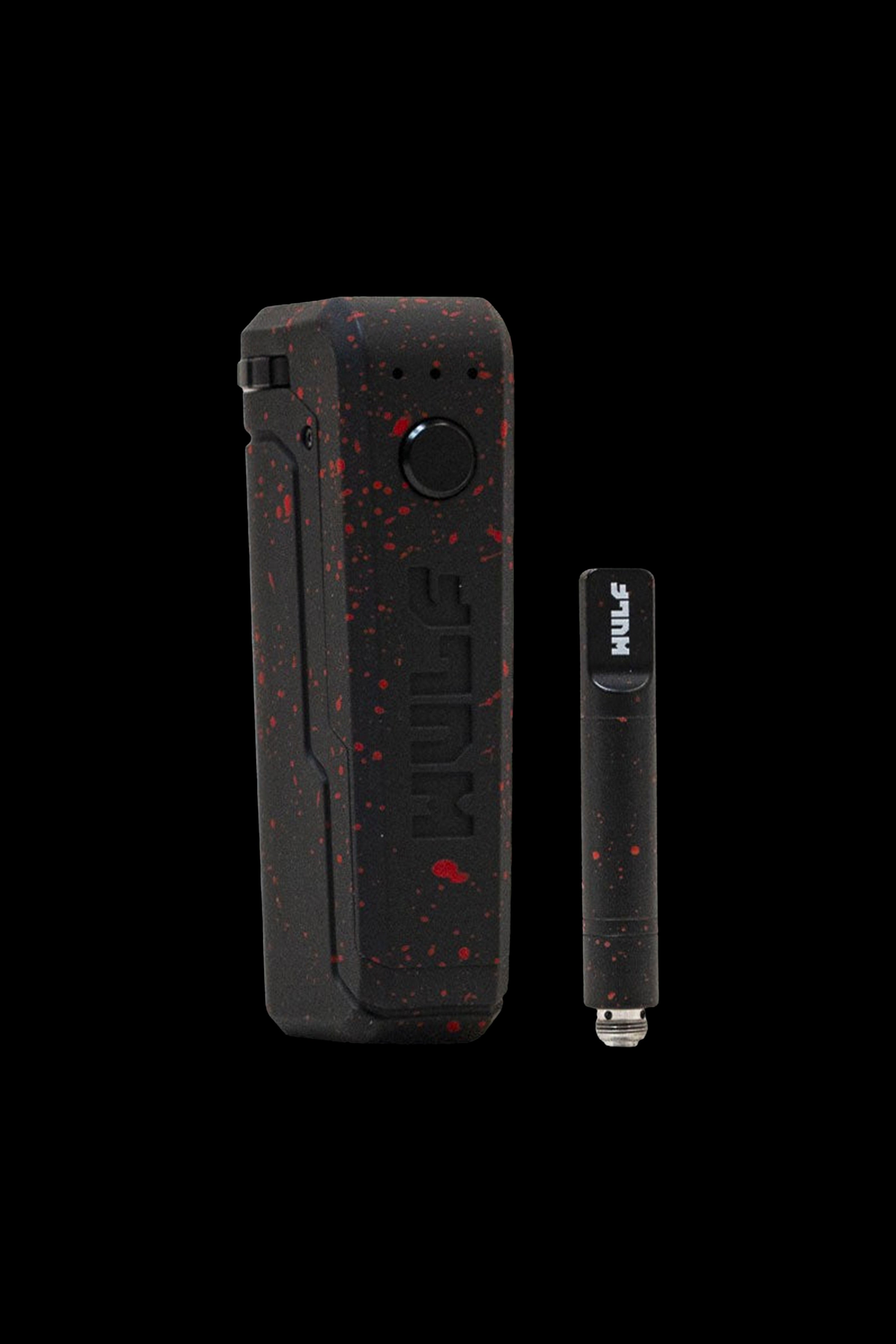 Black cannabis vape pen and charging case with speckled design.