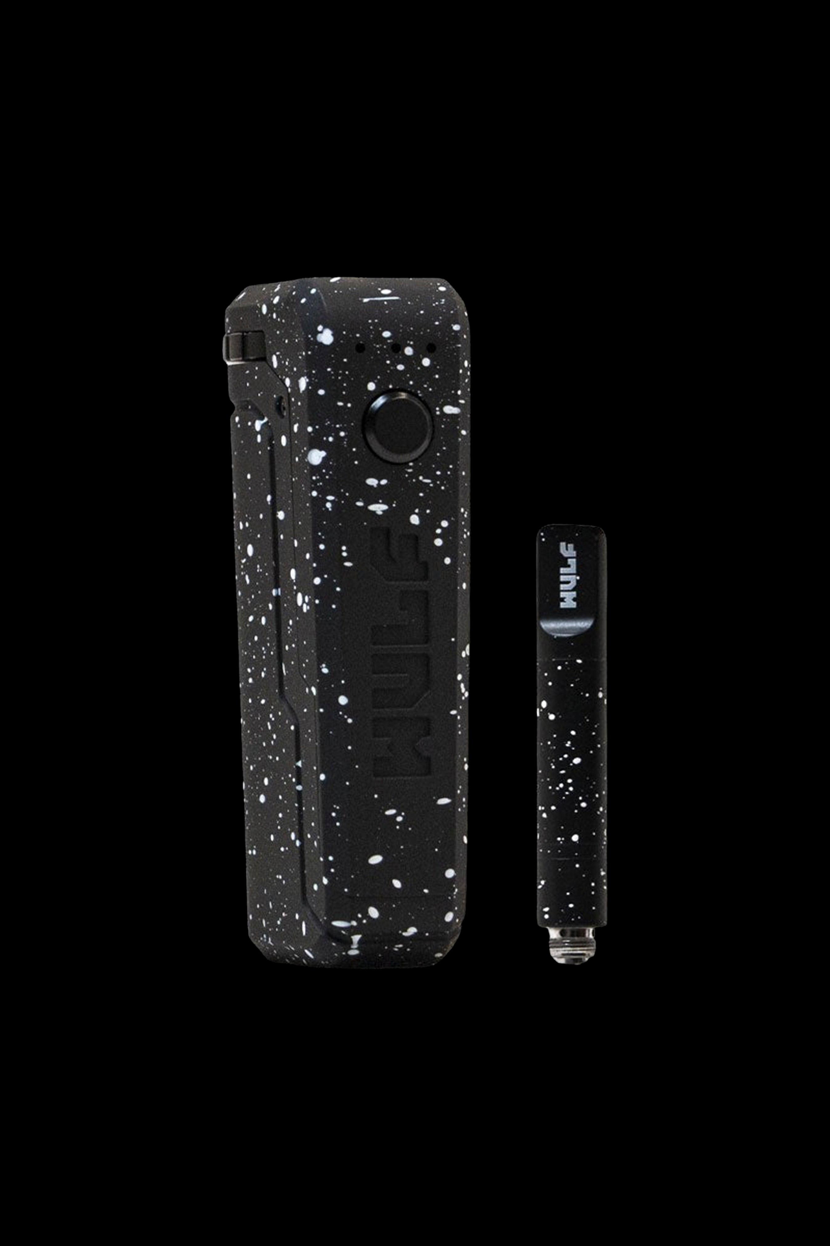 White and black speckled cannabis vape pen and charging case.