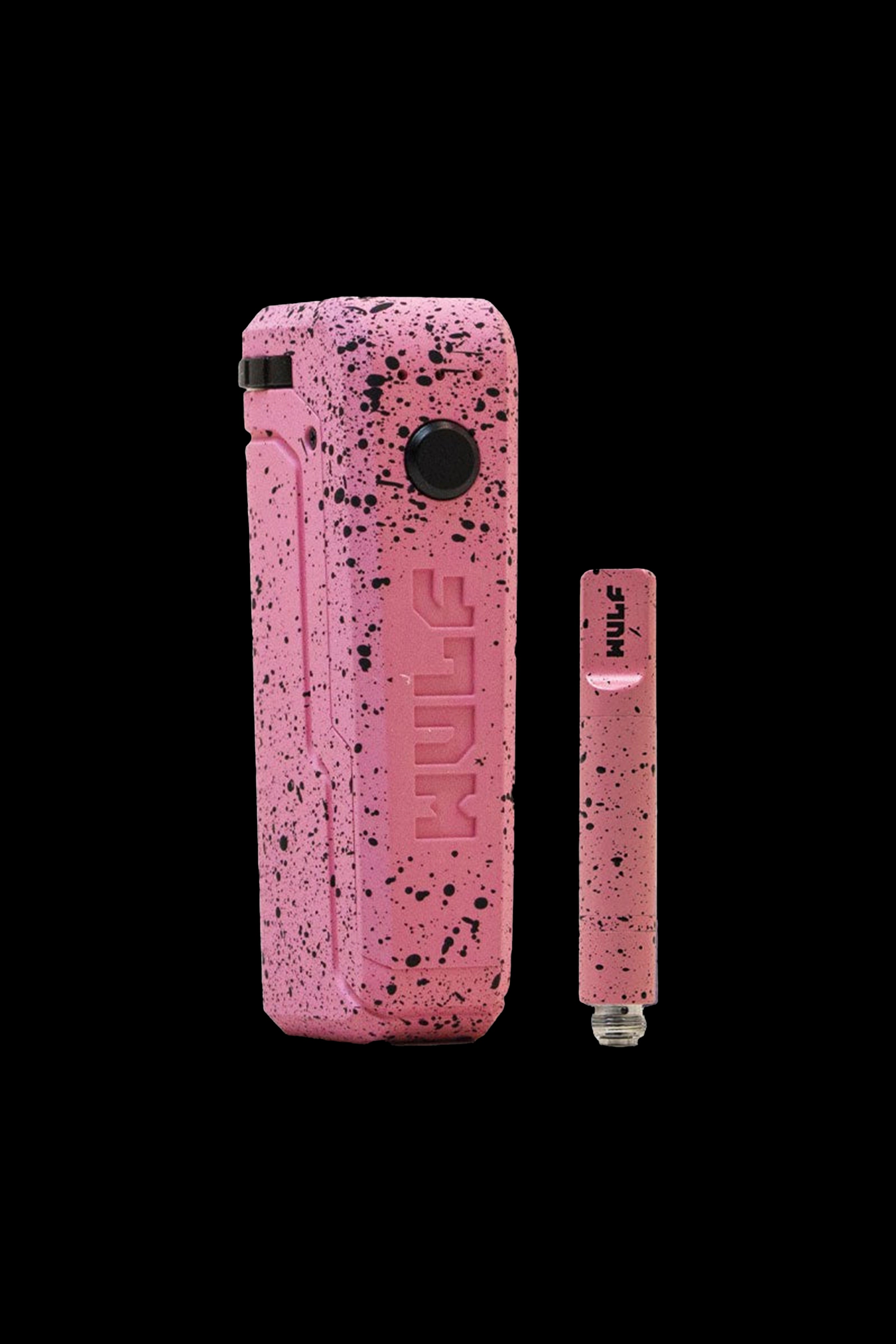 Pink and black speckled cannabis vape pen and charging case.