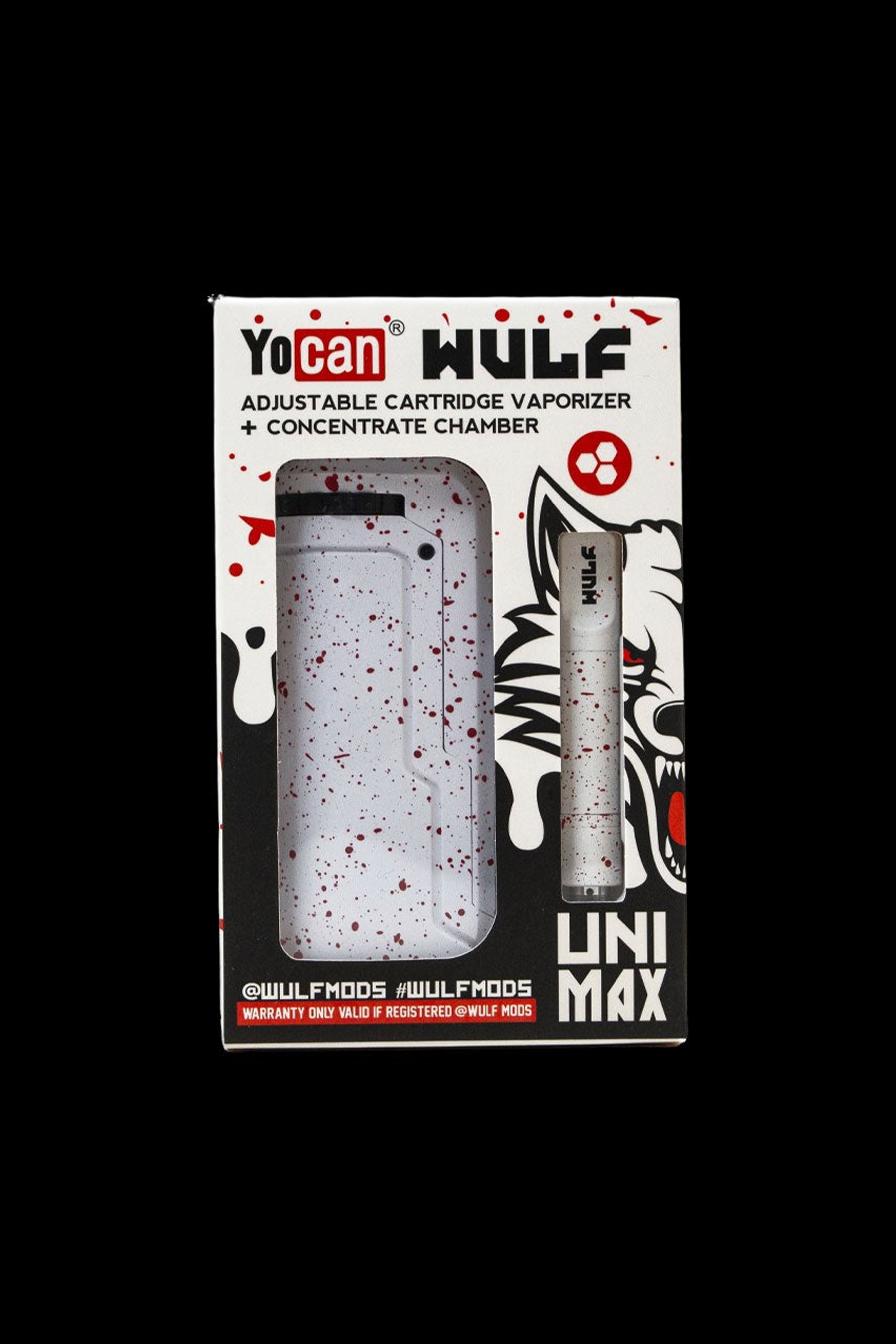 Product packaging for a “Yocan Wulf Uni Max” adjustable cartridge vaporizer with a wolf graphic.