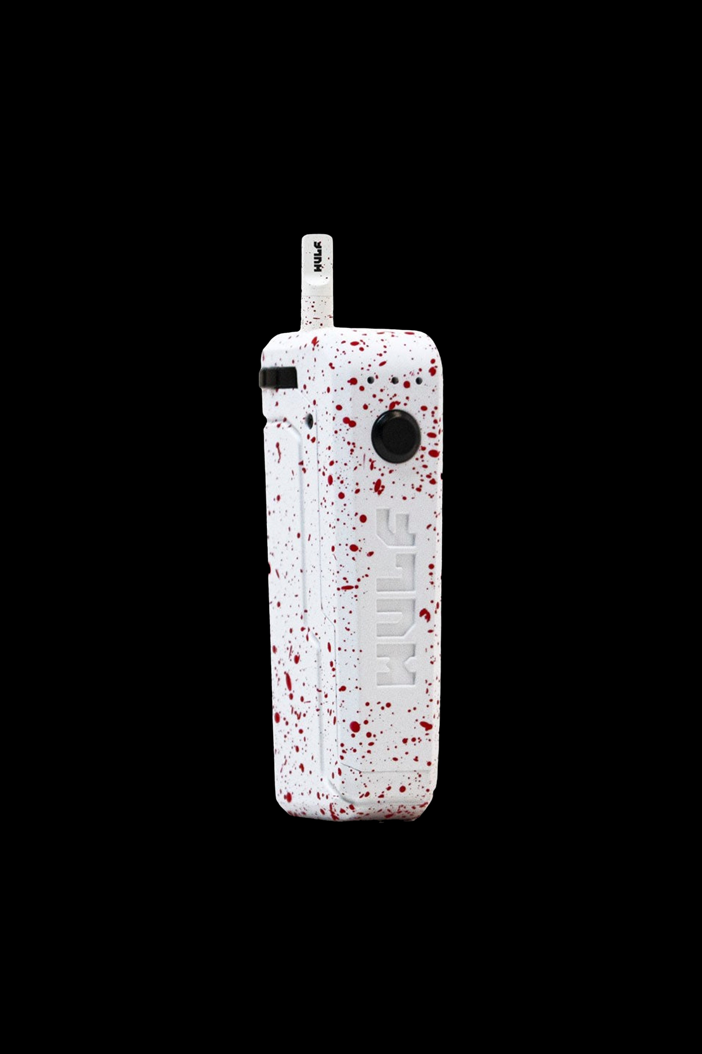 White and red speckled cannabis vape pen battery on a black background.