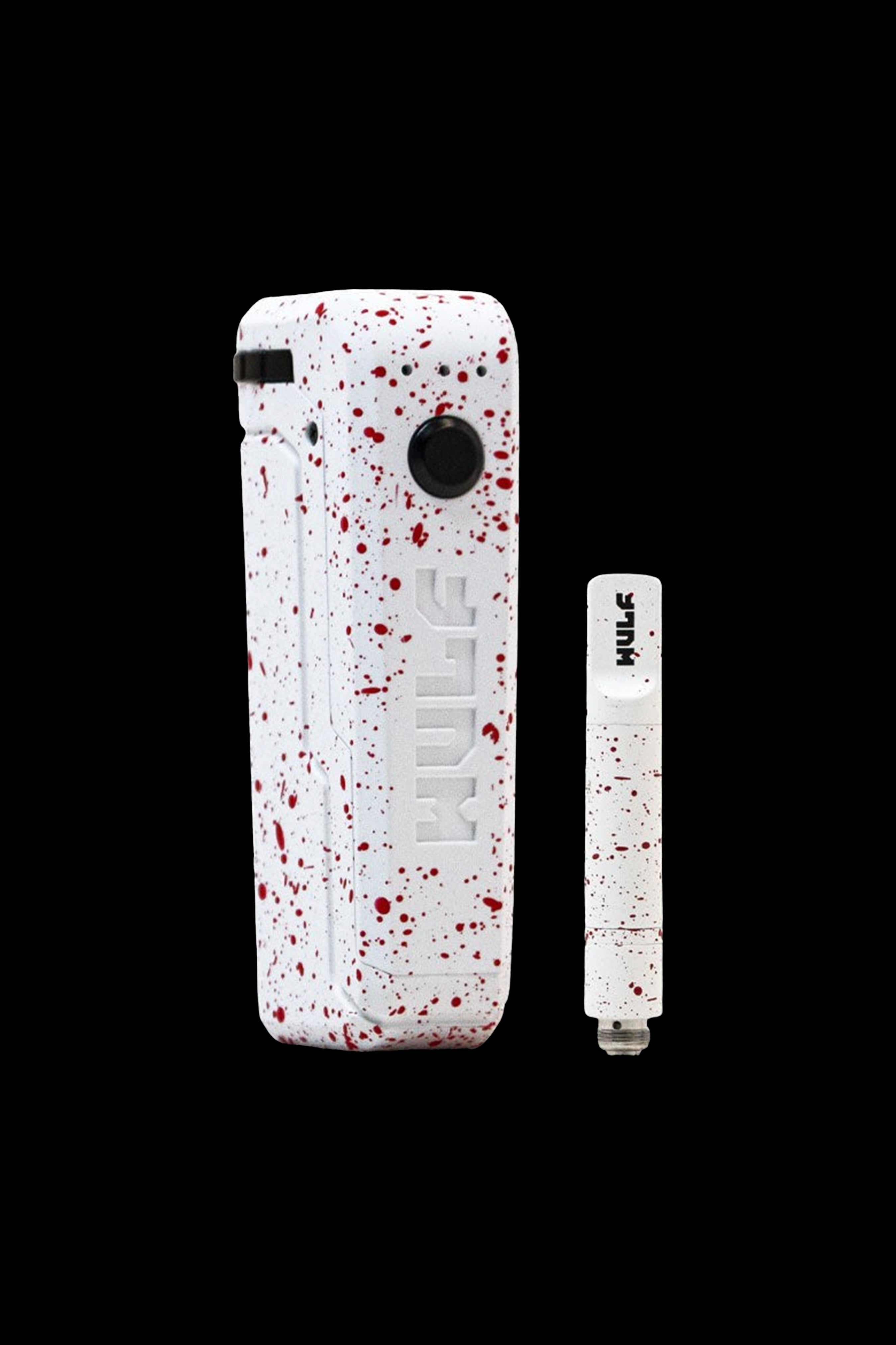 White cannabis vape pen and cartridge with red splatter pattern.