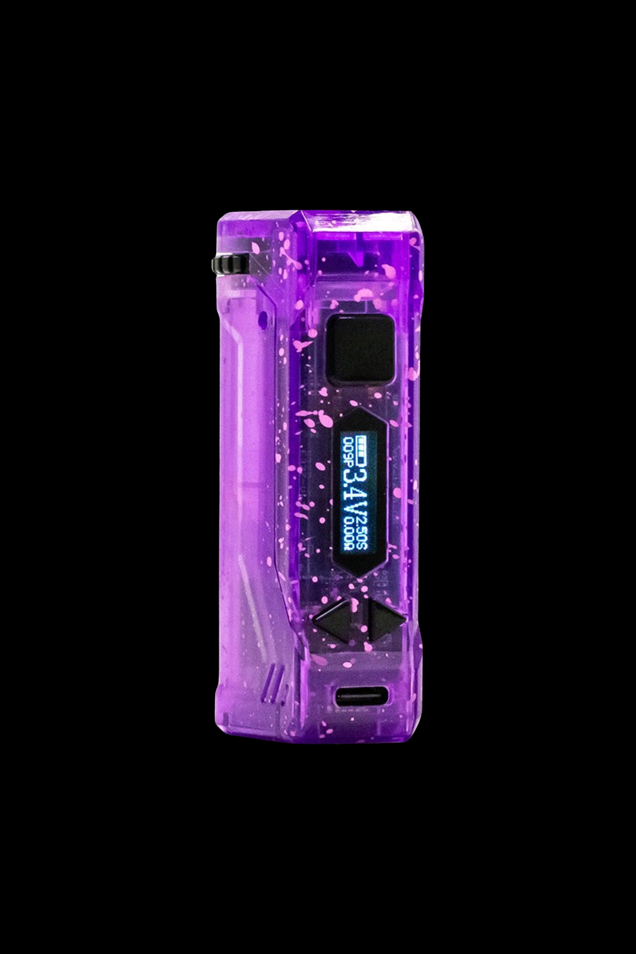 Purple cannabis vaporizer device with digital display, isolated on black.