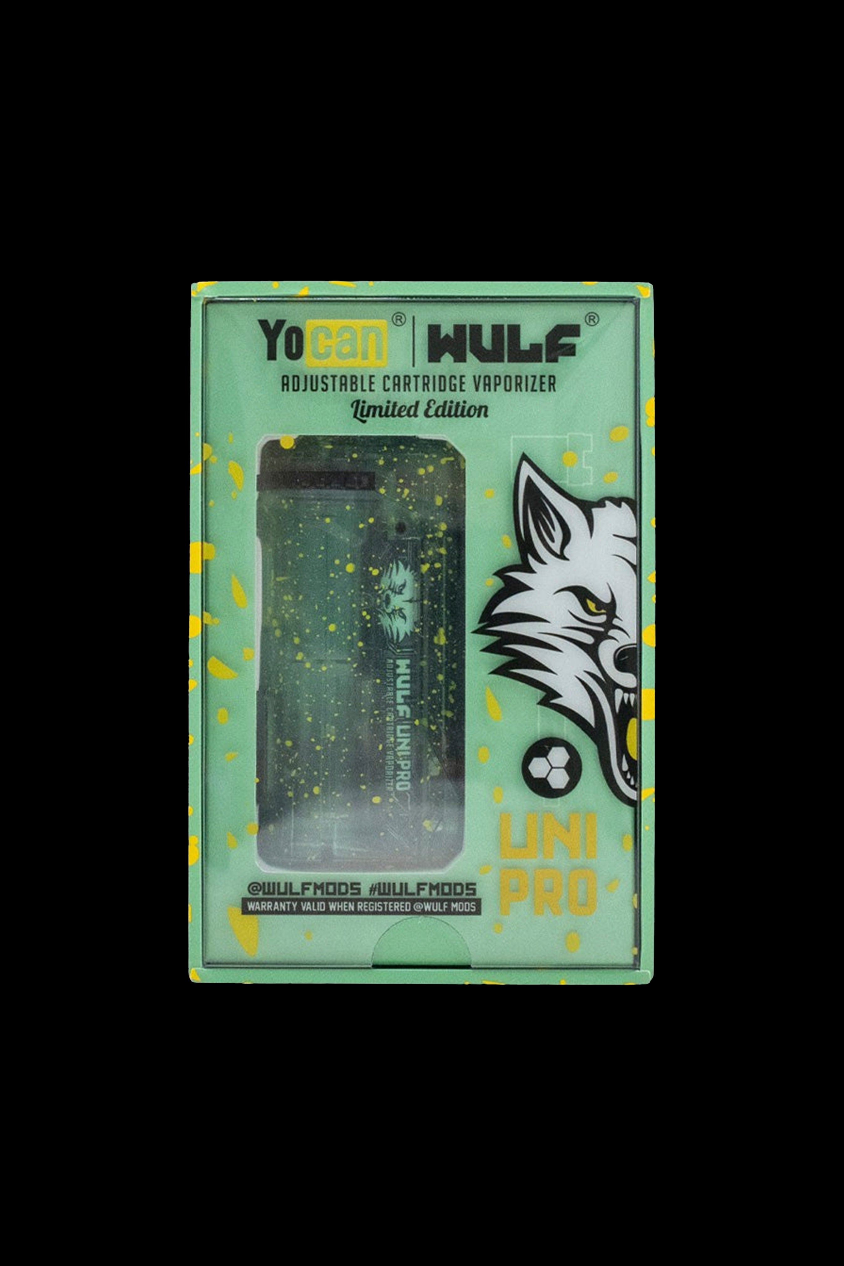 Packaged cannabis oil vaporizer with wolf graphic.