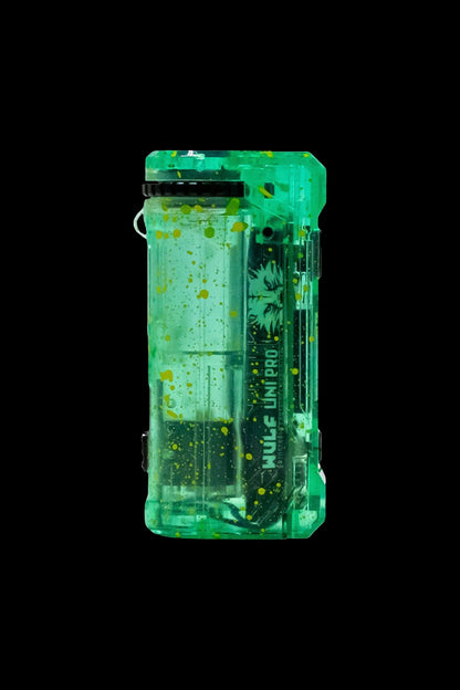 Green and yellow speckled cannabis storage container. <start_of_image>