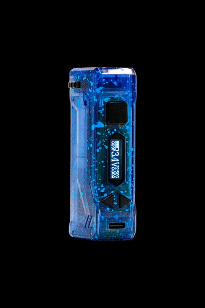 Blue and white speckled electronic vaporizer device on a black background.