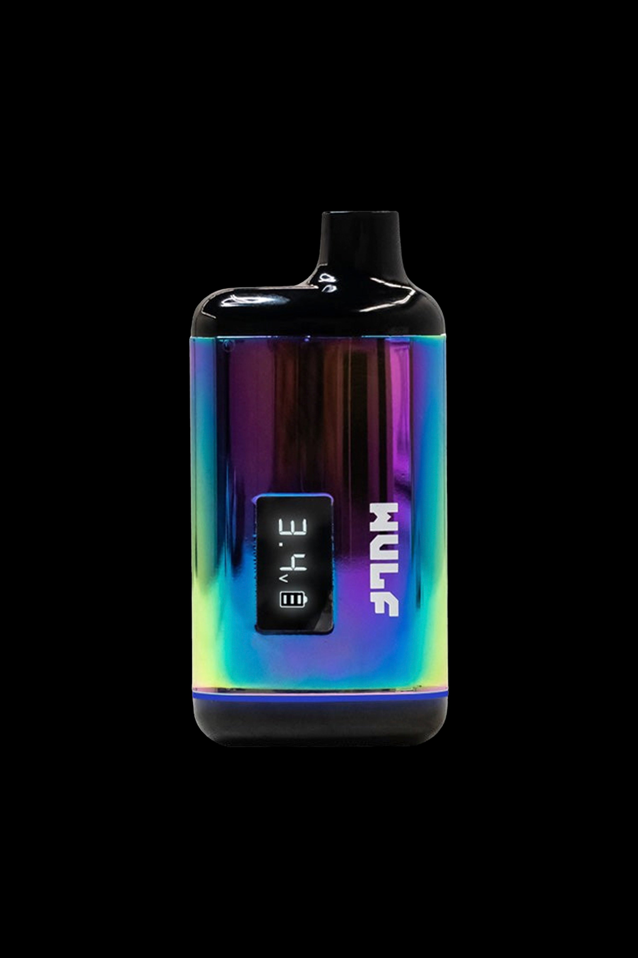 Iridescent cannabis oil vape pen with digital display.