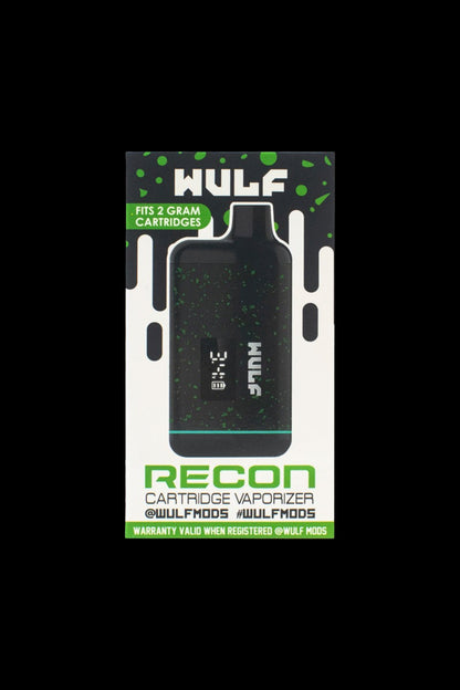 Black and green “Hulf Recon” cannabis cartridge vaporizer packaging with splatter graphic.