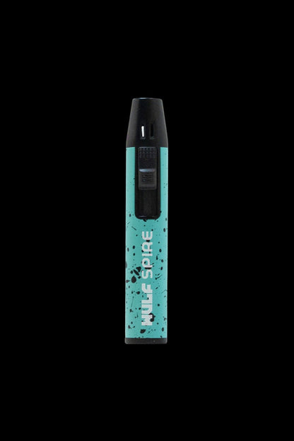 A teal and black cannabis vape pen with "Nule Spire" printed vertically on its side, isolated on a black background.