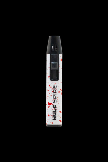 Front view of the Wulf Mods Spire Pen Torch, a sleek, black handheld device with a visible flame tip.