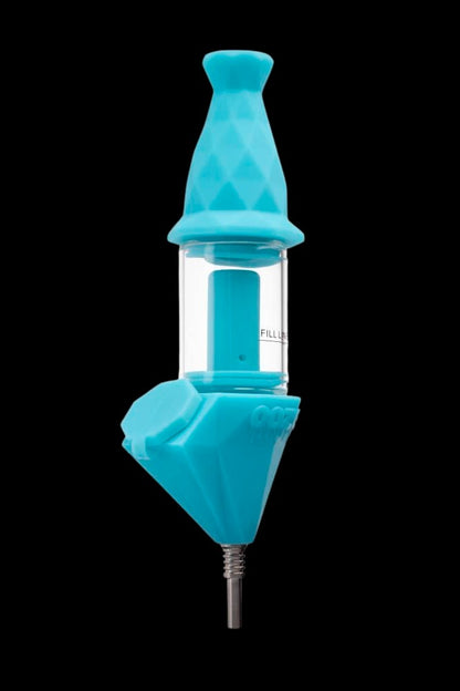 Blue silicone nectar collector with a quartz tip.