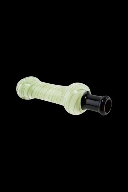 Angled close-up of the Glass Flat Mouth Nectar Collector w/ 10mm Tip – Spiral Mix showing a pale green spiral glass body with a glossy black mouthpiece against a black background.