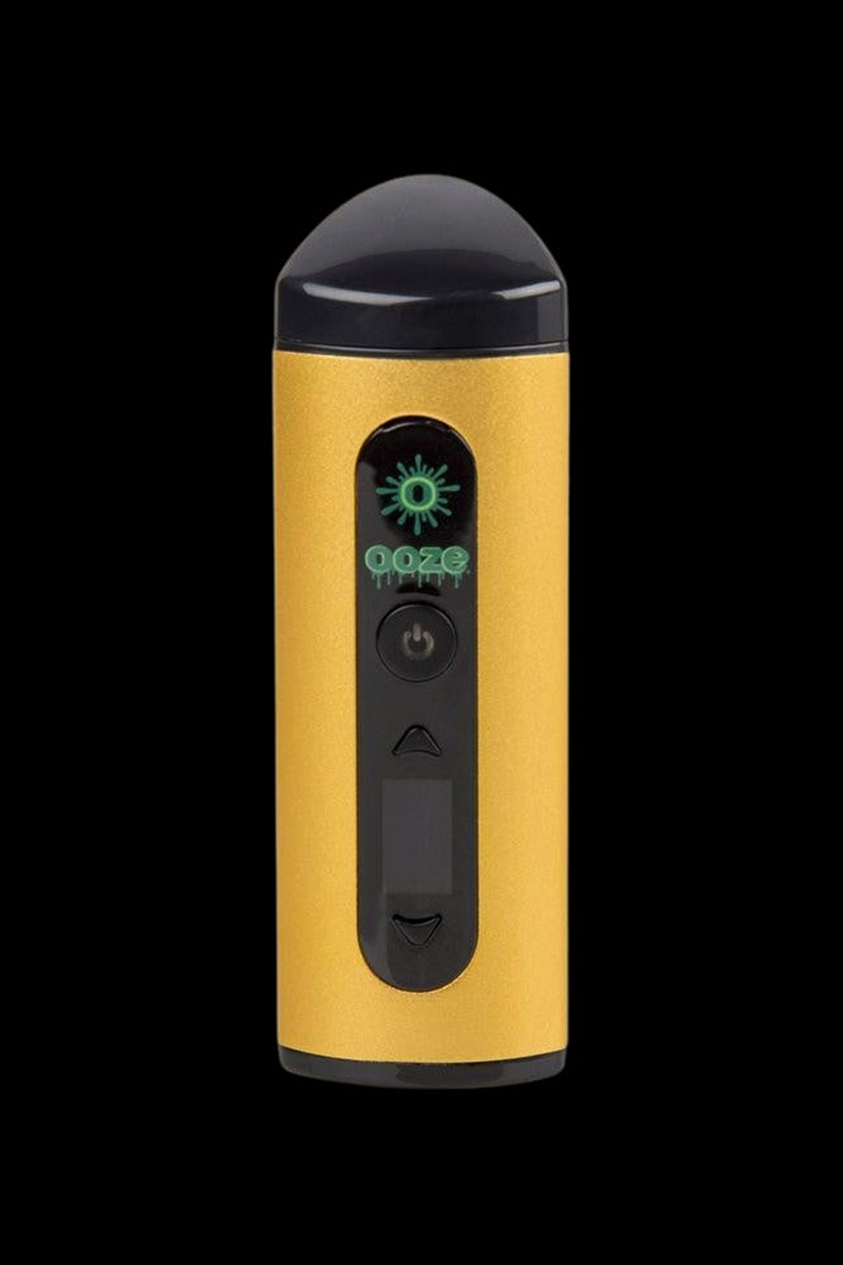 Gold Ooze vape pen with digital display and control buttons.