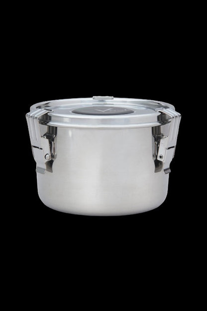Silver cannabis storage jar with airtight clamp lid.
