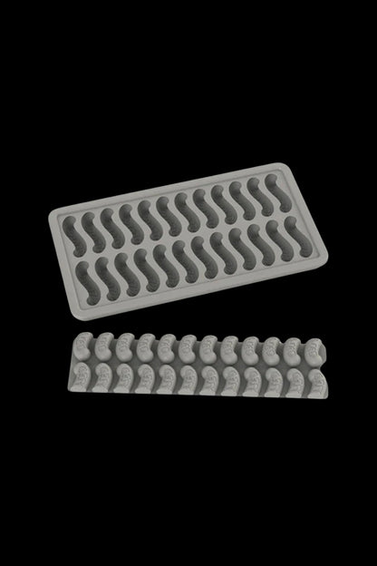 Silicone ice cube tray with cannabis leaf-shaped molds.