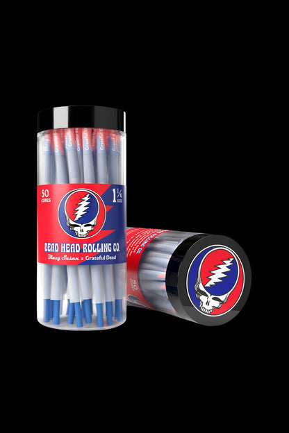 A product shot of “Dead Head Rolling Co.” pre-rolled cones and a container featuring the iconic Grateful Dead Steal Your Face skull logo, against a black background.