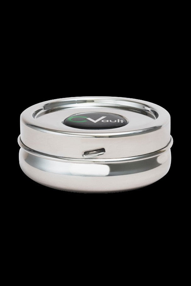 Silver cannabis storage container with “Vault” logo.