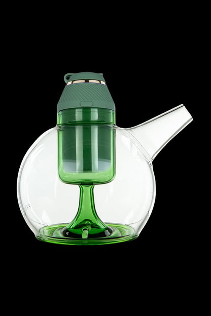 Green glass water pipe with spherical body and vertical percolator.