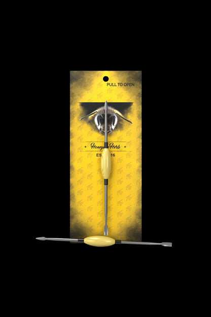 A sign displaying a cannabis dab tool with a bee and honeycomb pattern, reading “Honey Herbs” and “Pull to Open.”