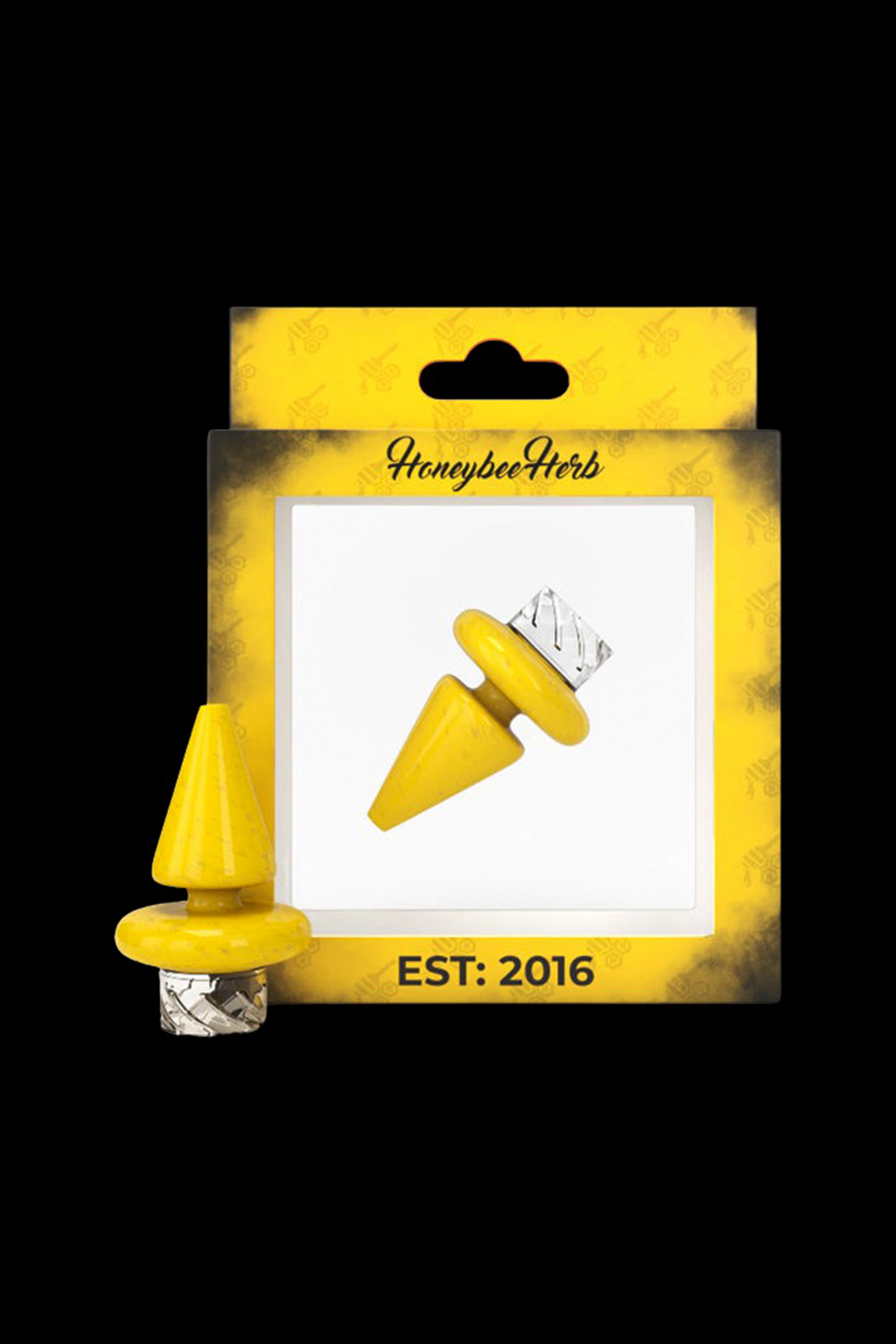 Yellow cannabis oil burner tip packaged on a yellow card with “Honeybee Herb” logo and “Est. 2016”.