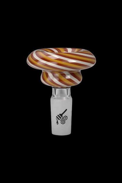 Glass cannabis bowl with swirling orange and white patterns.