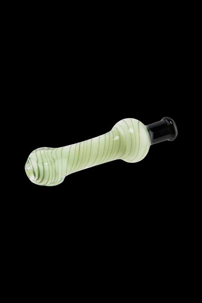 Angled close-up of the Glass Flat Mouth Nectar Collector w/ 10mm Tip – Spiral Mix showing its pale green spiral-striped glass body and black mouthpiece against a black background.