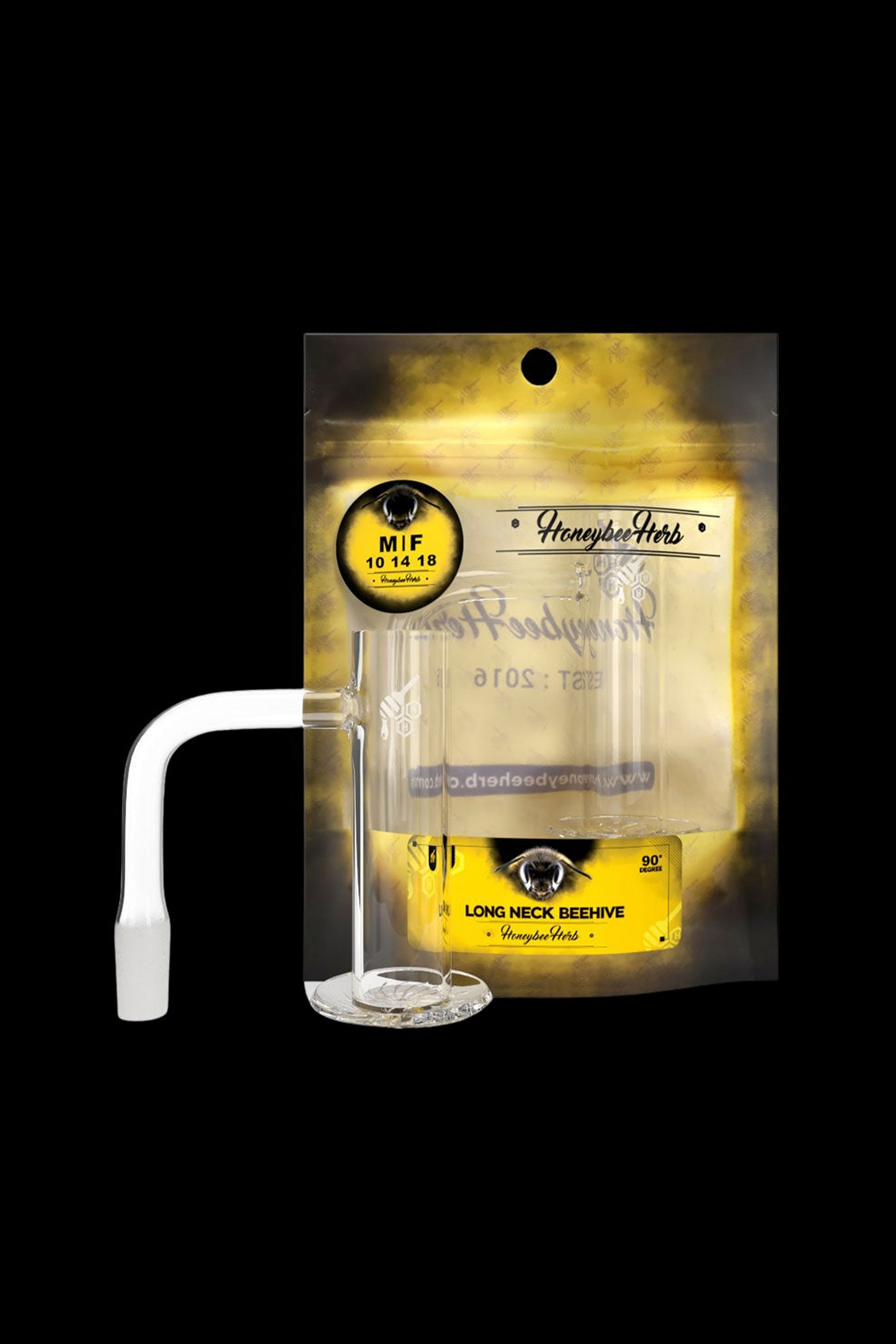 Glass dab rig in packaging, labeled “HoneybeeHerbs” and “Long Neck Beehive.”